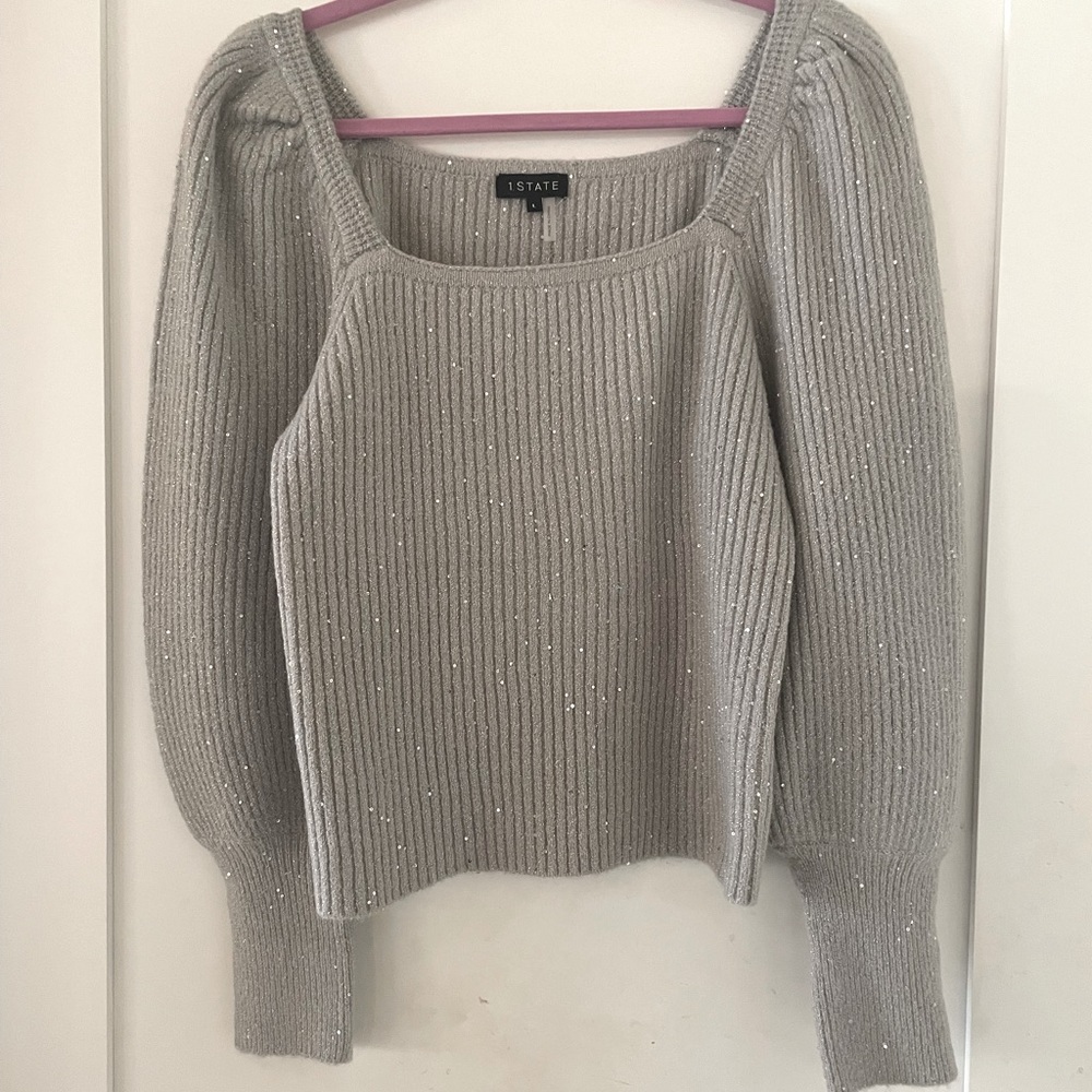 1.STATE Silver Gray Ribbed Square Neck Sparkle Sweater
